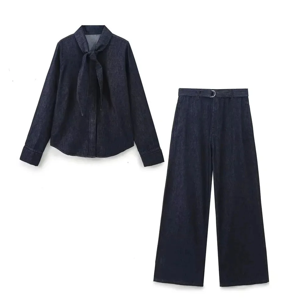 

Women Casual Versatile Bow Decorated Denim Shirt + Jeans 2 Peice Set Two Piece Outfits For Women Summer Matching Sets SHB8