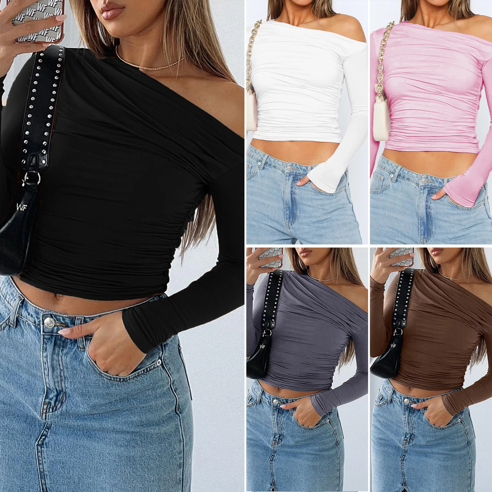 2025 Spring Summer Women's Tops Female Solid Color Sloping Neck Pullover Top Lady's Soft Long Sleeve Shirt Women's Base Shirt