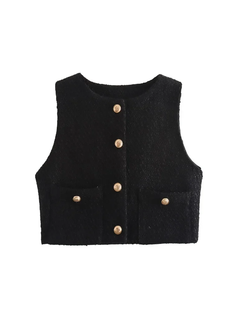 Dames Mouwloze Jassen Gouden Knoop Pocket Top Retro Effen Kleur Vest 2024 Lente Herfst Dames O-hals Losse Casual Vest