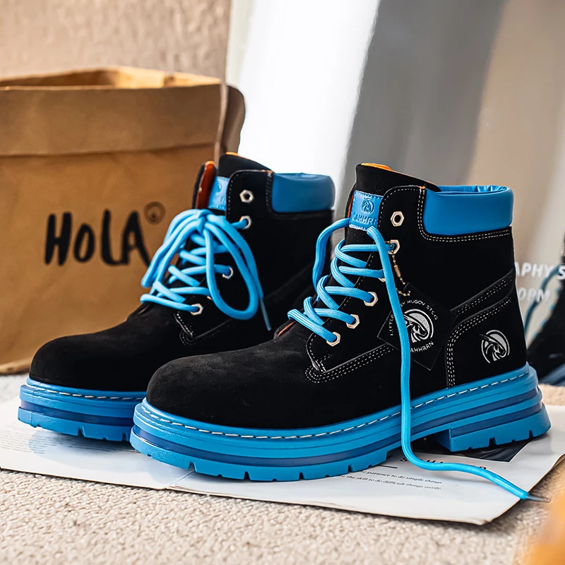 Brushed Look High Top Mens Boots Contrast Blue Tongue Tab Silver Heel Emblem Thick Textured Outsole