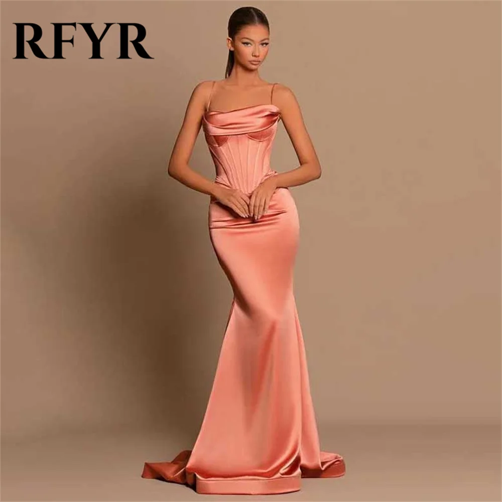 

RFYR Pink Prom Dress Strapless Trumpet Evening Dress Spaghetti Straps Pleats Satin Party Dress with Side Split Robe De Soirée