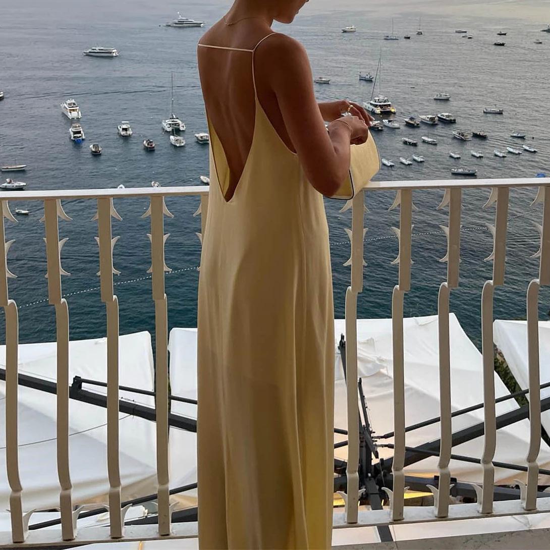 Zomer Sexy Backless Mouwloze Slip Maxi Jurk Vrouwen Satijn Uitgesneden Club Feest Lange Jurken Strand Elegante Outfits 2024