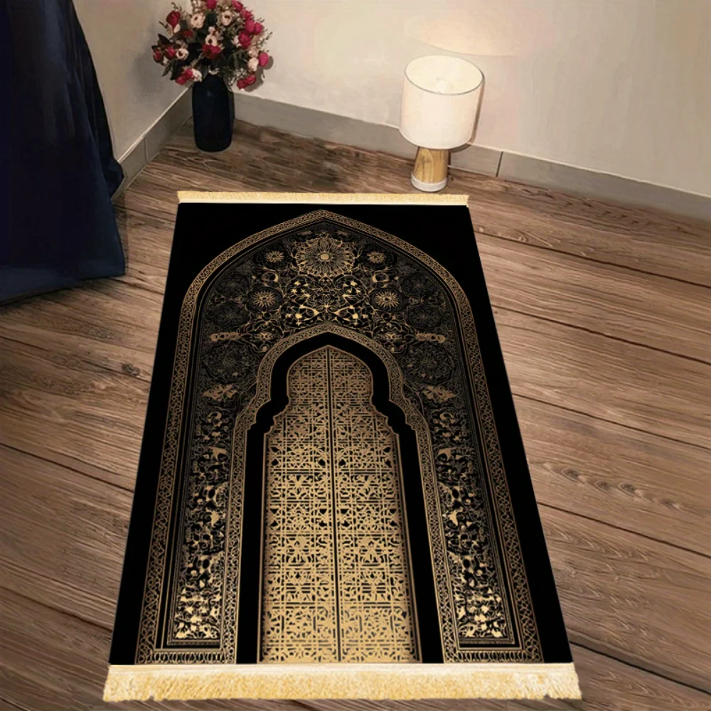 

Мусульманский молитвенный коврик VIKAMA, черно-золотой, легкий люкс, винтажный рельефный дизайн, моющийся, портативный, для путешествий, для поклонения на Ид