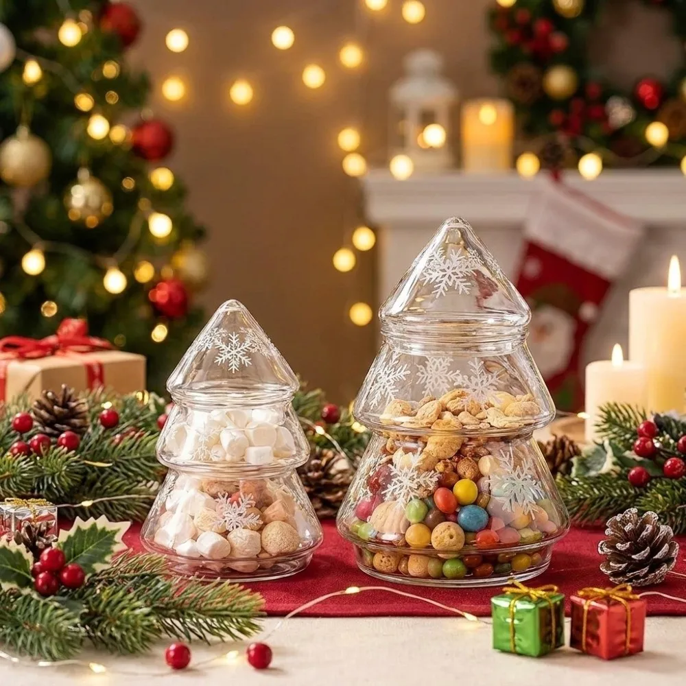 Snowflake Pattern Glass Christmas Tree Jar Transparent Stylish Xmas Candy Jar Large Capacity With Lid Cookie Jar