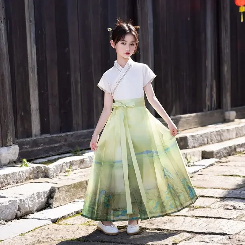 Qianli Jiangshan Horse Face Skirt Chinese Ming Dynasty Girls Hanfu Dress New Daily Set Children Hanfu Suit Student Uniforms