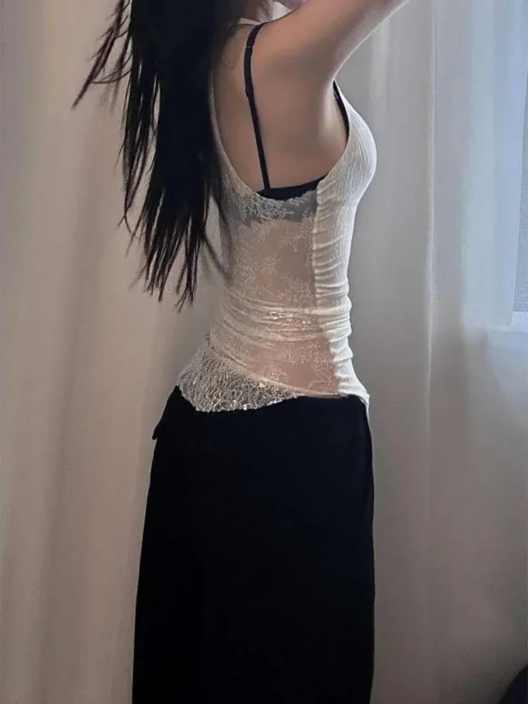 المرأة الصيف خمر الدانتيل المرقعة تانك القمم سليم Y2k الجمالية انظر من خلال أكمام قمصان غير النظامية Harajuku الجرونج سترة #1