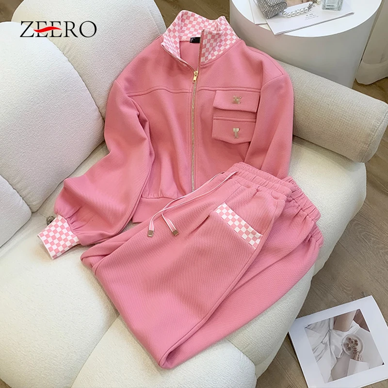 Autumn Women Sportwear Suit 2 Piece Set Casual Pink Plaid Tracksuit Short Coat Sweatshirt Top + Pant Sets Outfits Workout Sets