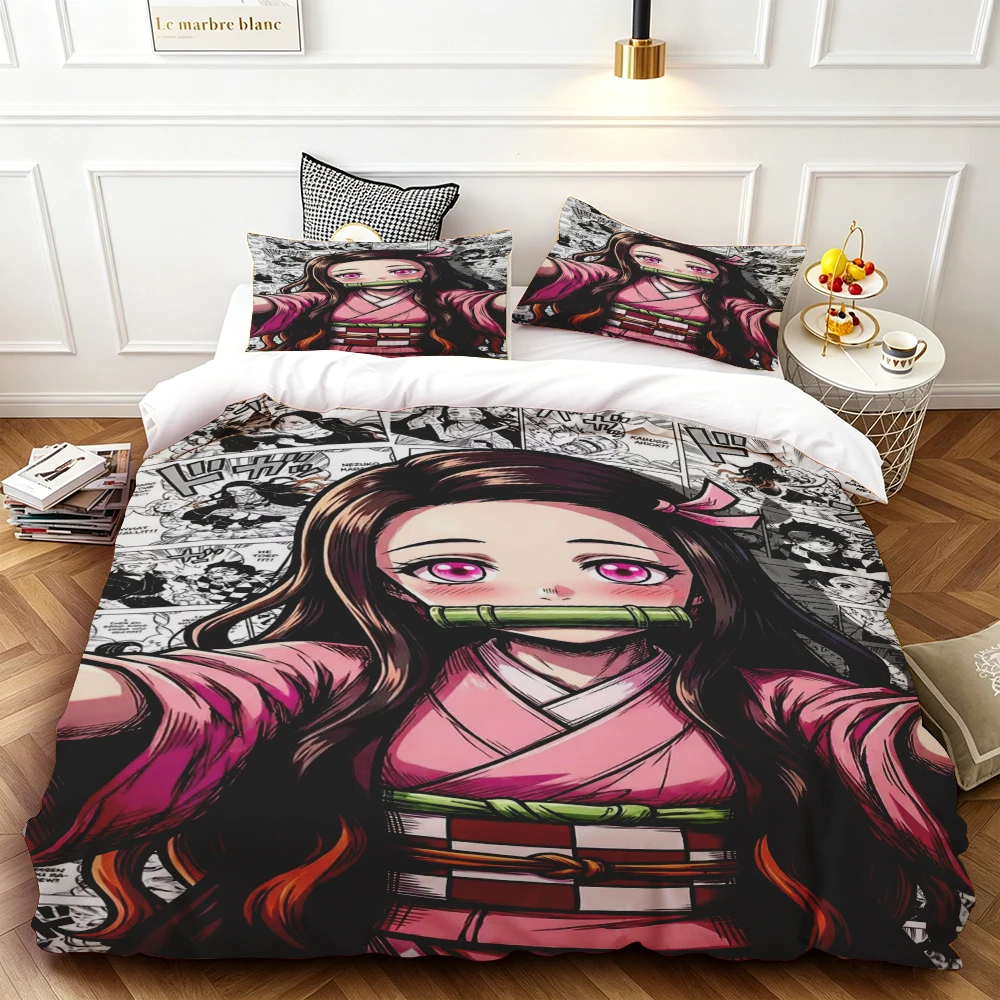 

Nezuko 3pcs Duvet Cover Demon Slayer Cartoon Bedding Set Quilt Cover Queen King for Children Teens Bedroom Decor