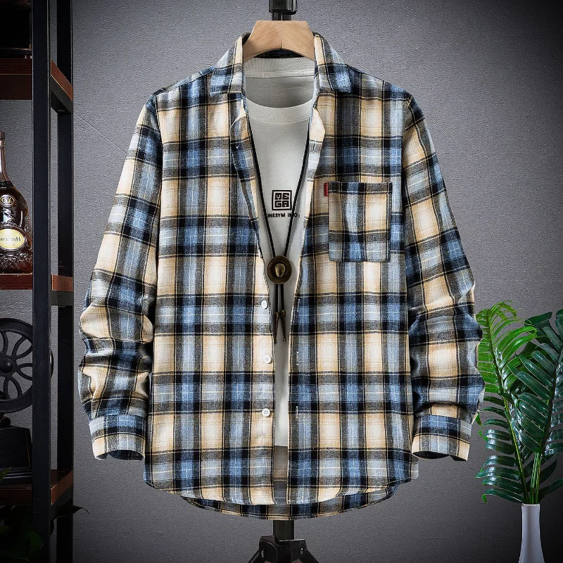 Men's Street Casual Plaid Loose Blouse Spring Autumn New Polo Neck Long Sleeve Plus Size Shirt Tops Vintage Fashion Men Clothing