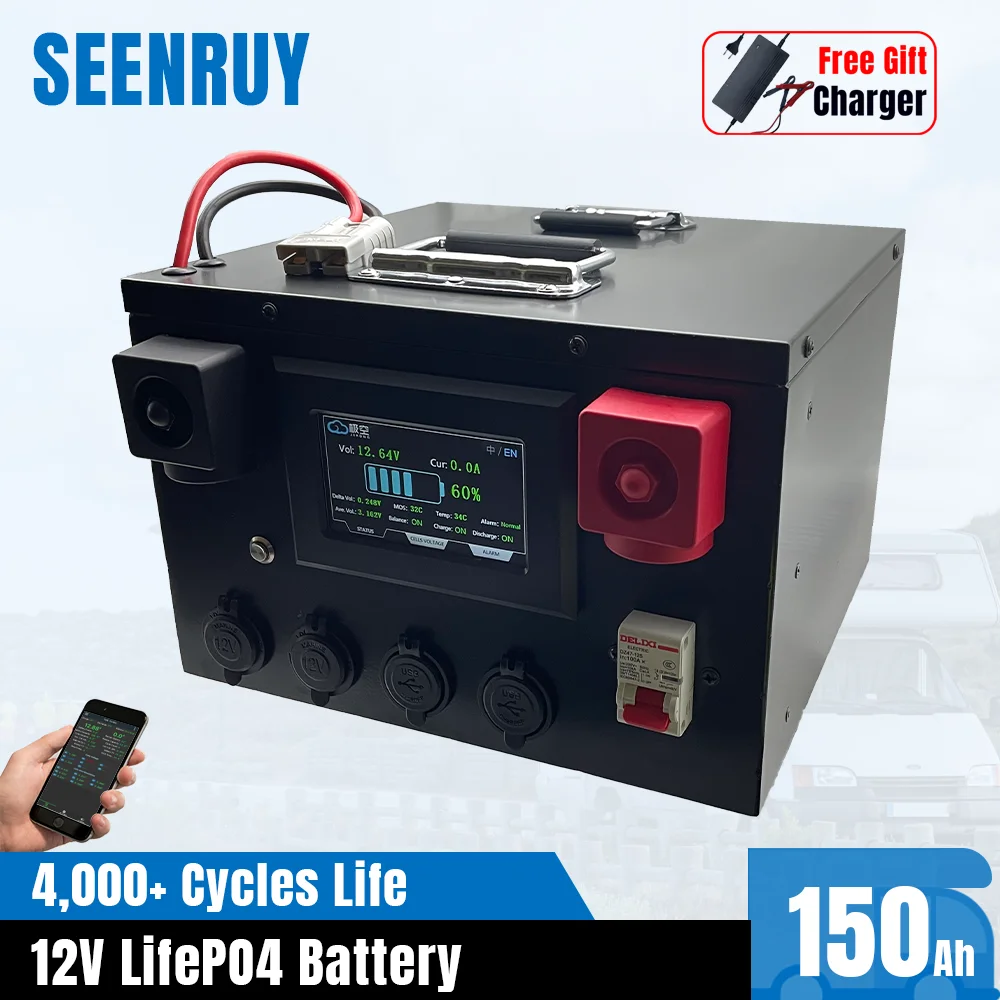 12V 150Ah LiFePO4 Battery Pack Built-in Active Balance Bluetooth BMS 1.8kWh Deep Cycle for RV Motorhome Solar Power System