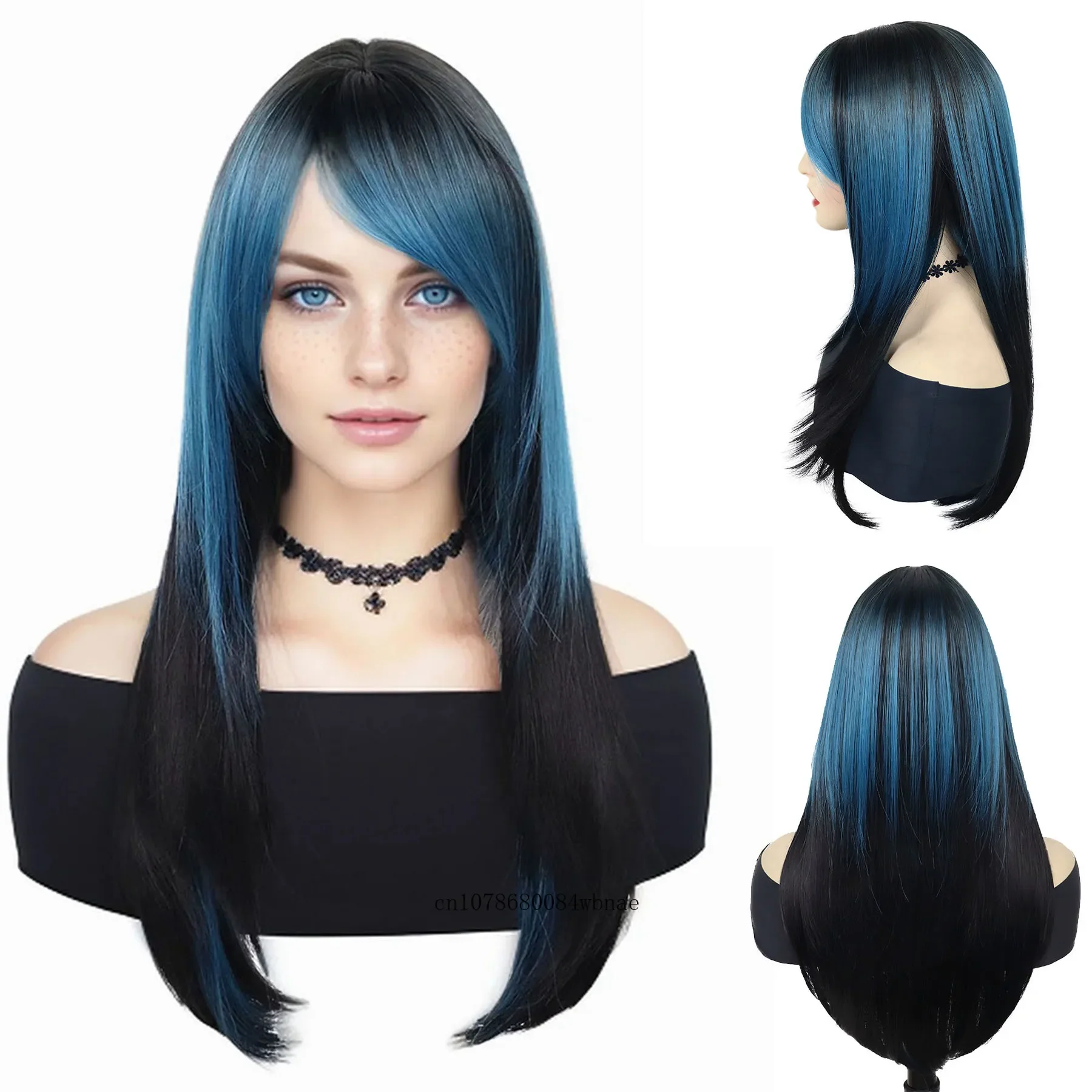 

Synthetic Blue and Black Layered Wig with Bangs 26 Inch Long Straight Wig ends Dyed Black Daily Party Cosplay Natural Looking