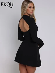 BKQU Elegant Solid Backless Mini Dress Women High Waist Fashion Long Sleeve Slim A-line Dresses 2024 Autumn Party Evening Dress