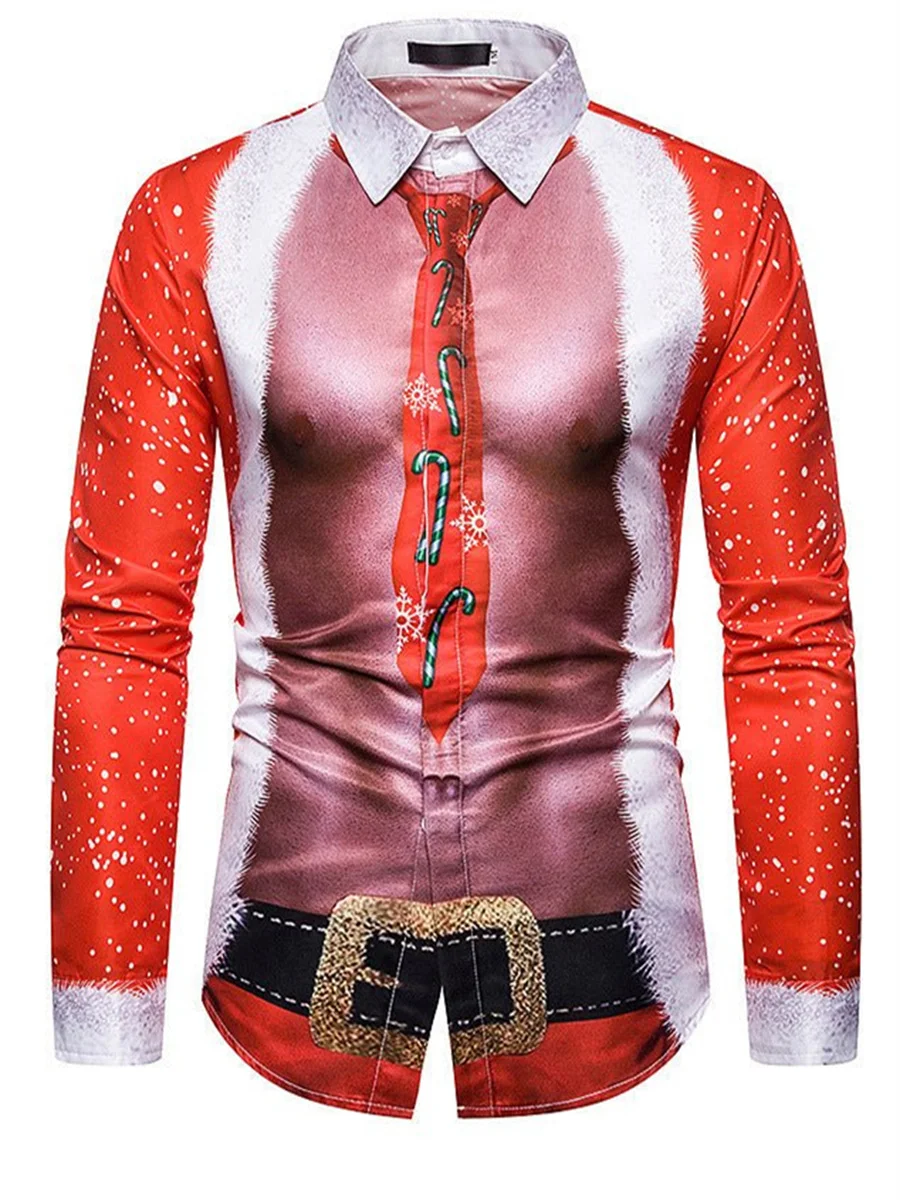 New Christmas T-shirt Long Sleeve Button-up Shirt Christmas Tree HD Pattern Soft Comfortable Fashion Casual Shirt For Men