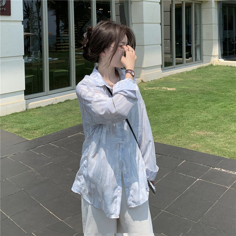 Long Sleeved Women Chiffon Shirts Summer Tie-dyed Lightweight Thin Sunscreen Blouse Loose Casual Top Shirts