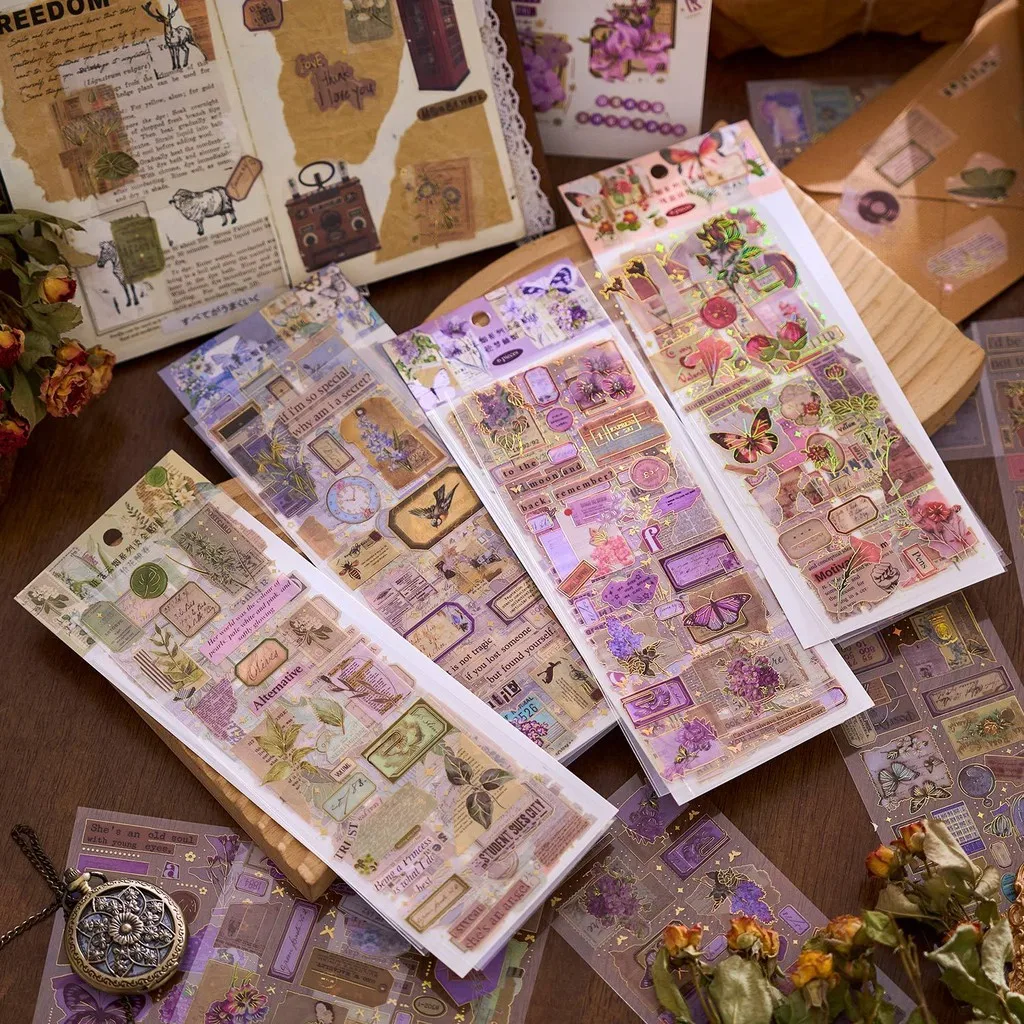 Journamm 6Sheets PET Hot Stamping Stickers Plants Flowers Decor Diary DIY Scrapbooking Materials Aesthetics Stationery Stickers