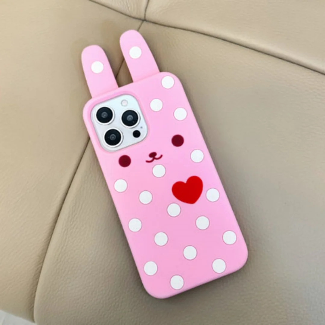 ثلاثية الأبعاد الأذن الطويلة أرنب صغير الأحمر القلب نمط جراب هاتف آيفون 11 12 13 14 15 16 E 17 برو ماكس لينة سيليكون غطاء مقاوم للصدمات