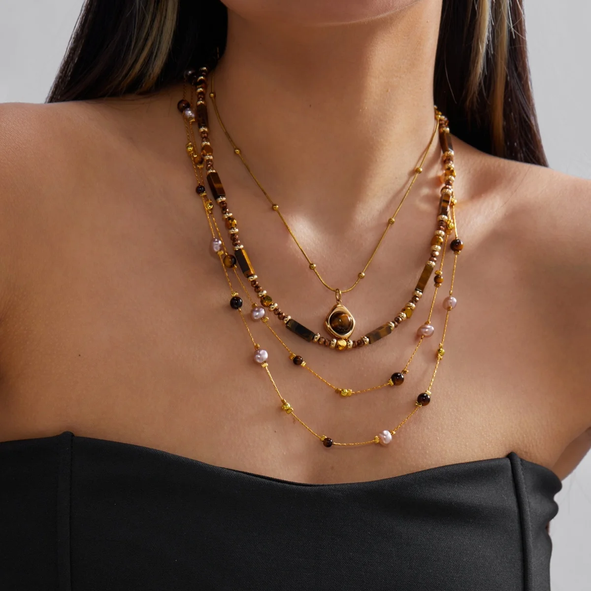 Maillard Style Tiger Eye Stone Simulated Pearl Beaded Stackable Necklace For Women Men Vintage Irregular Beads Choker Jewelry
