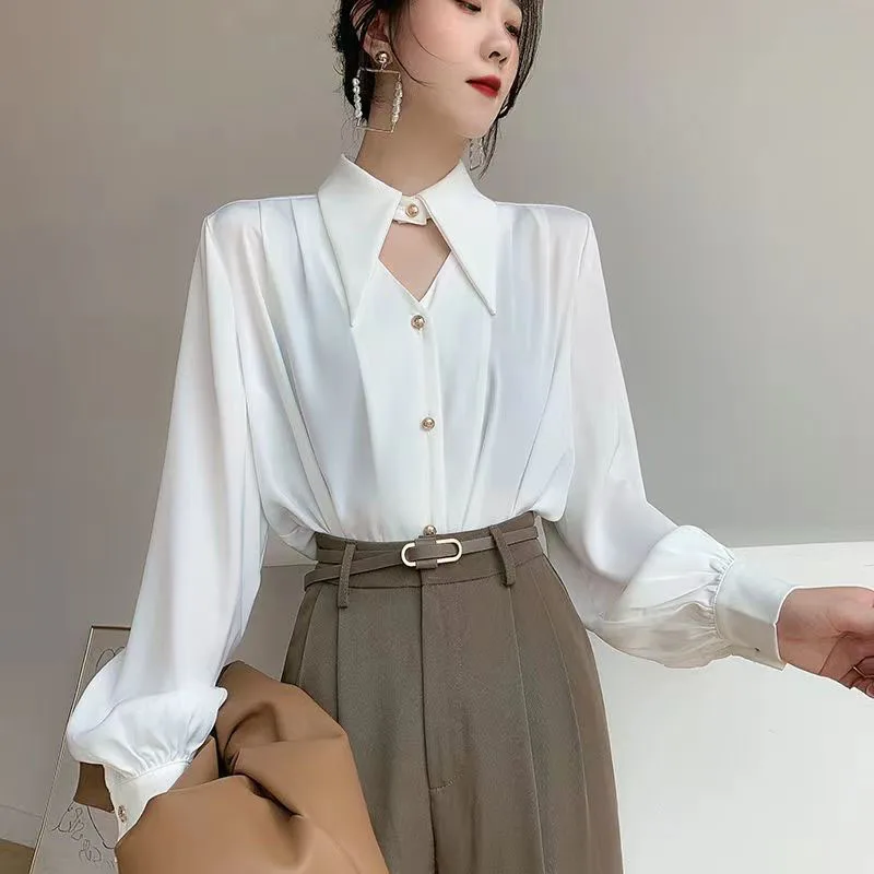 Biyaby Fashion Sharp Corner Lapel Women Shirts 2022 Autumn All-Match Long-Sleeved Blouse Ladies Elegant Hollow Out Button Shirt