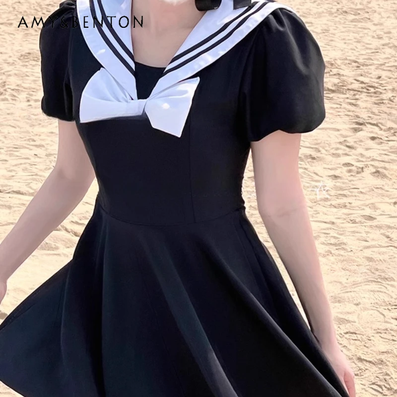 2024 New Japanese JK Black And White Color Matching Sailor Collar Cute Short Sleeves Top Skirt One-Piece Bow Swim Set For Women