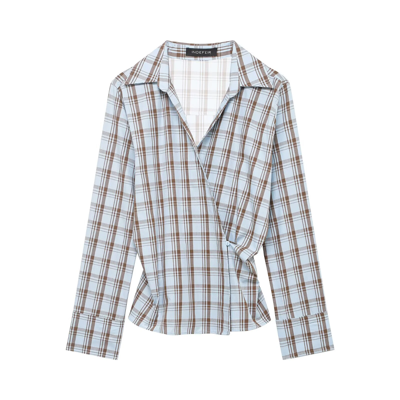 

Новая женская рубашка в клетку с плиссированной талией, длинными рукавами, приталенным силуэтом и двубортным воротником, модель 2026 года