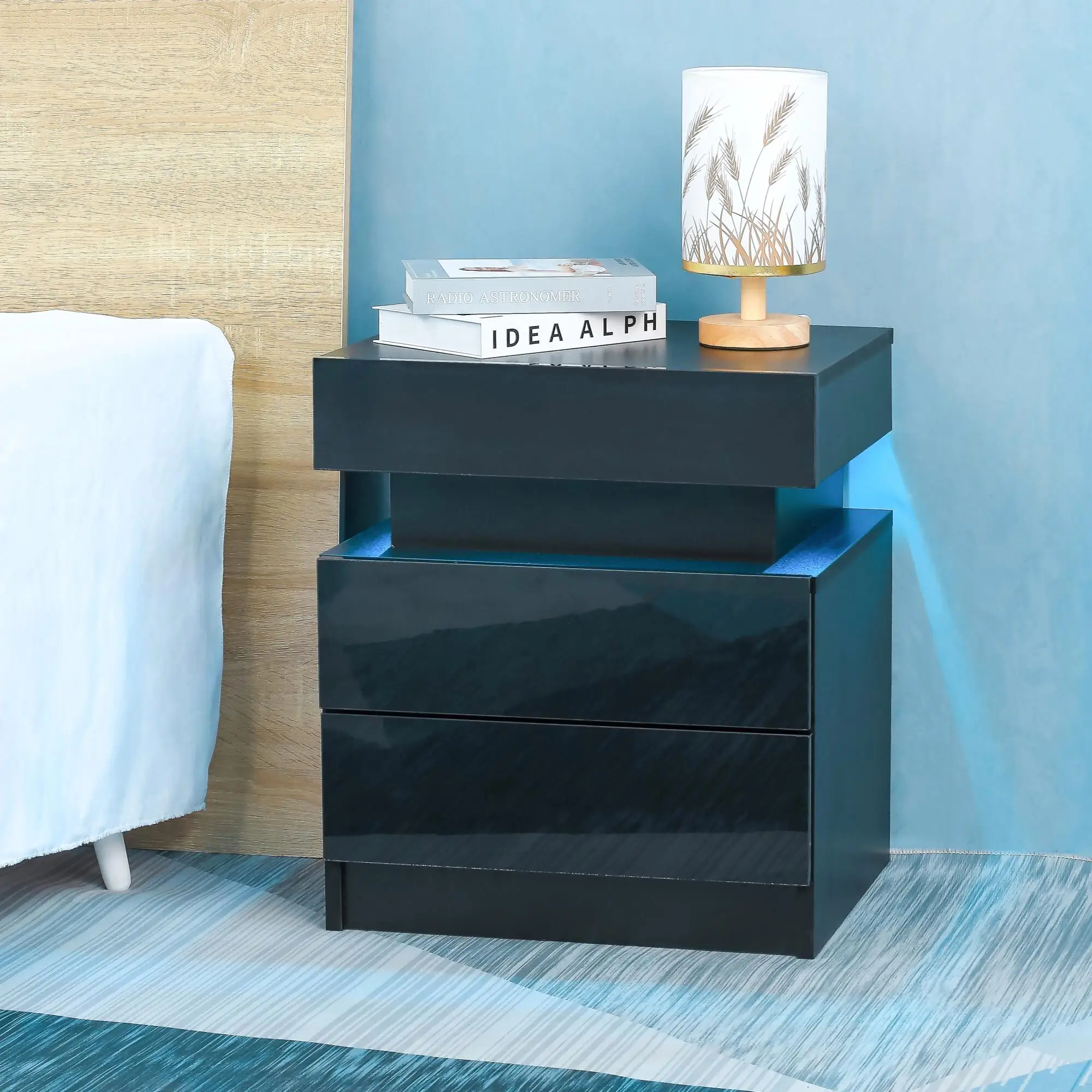 Stylish Black Nightstand with Glossy Drawers - Modern Wooden Bedside Table with Lights for bedroom