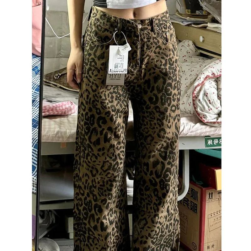 Lucyever American Retro Leopard Print Jeans dla kobiet Casual High Waist Baggy Denim Pants Female Y2K Panther Straight Trousers