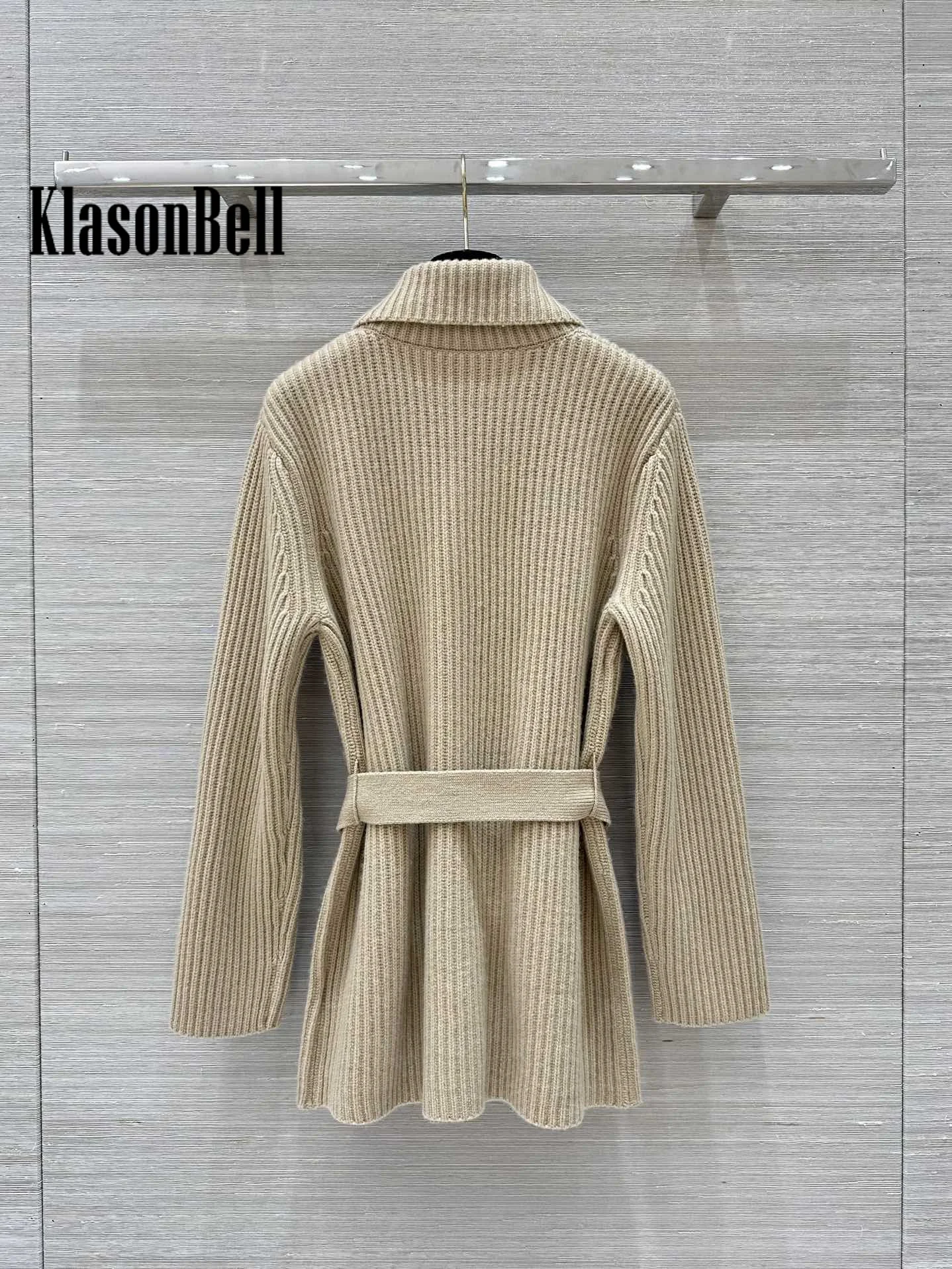 9.2 KlasonBell Women\'s Elegant Double Pocket With Sashes Bow Ribbed Wool Knit Cardigan Lapel Single Breasted Coat Autumn New