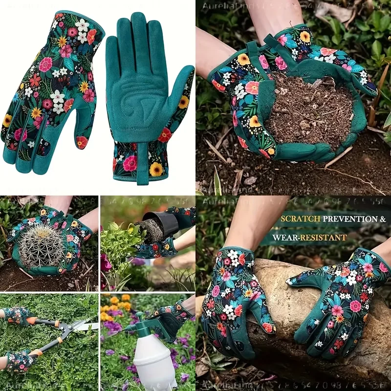 Floral Print Polyester Garden Gloves Breathable Ambidextrous Work Gloves PVC Free Easy Care Outdoor Gardening Hand