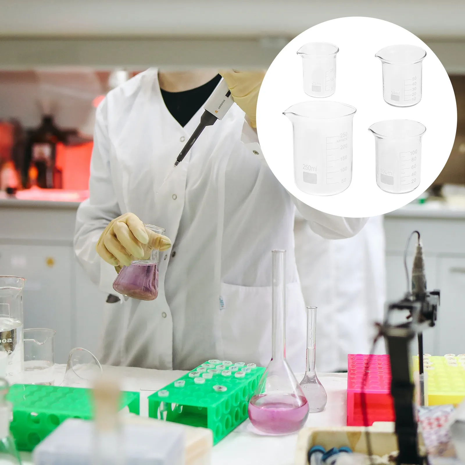 

4Pcs Laboratory Glass Beakers Clear Graduated Scale Heat Resistant Measuring Beakers for Scientific Experiments Education