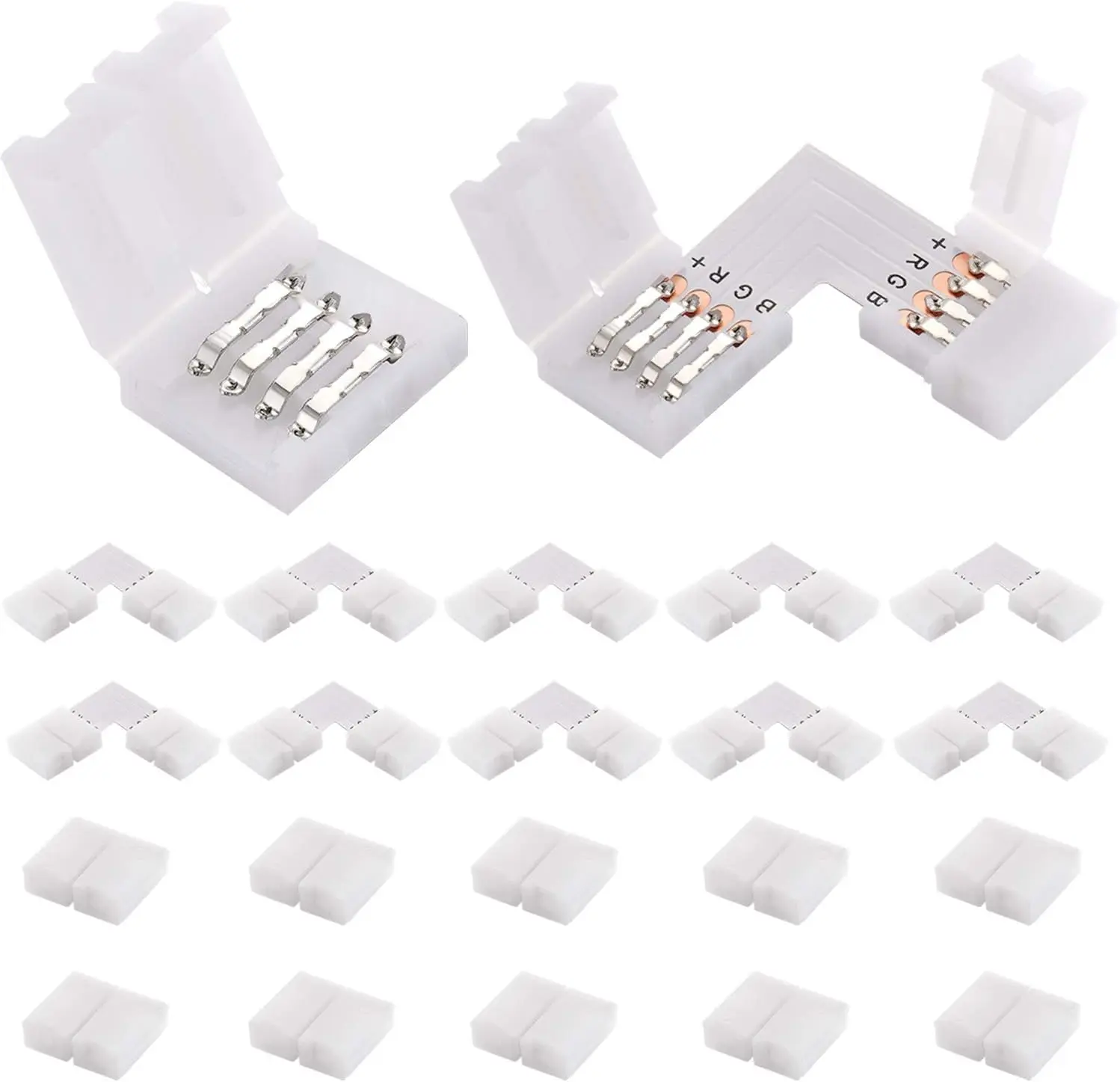 10 Stück L/I-förmige 4-polige LED-Anschlüsse für LED-Streifenlichter, 10 mm Breite, unverkabelte, lückenfreie, lötfreie Adapterverlängerung