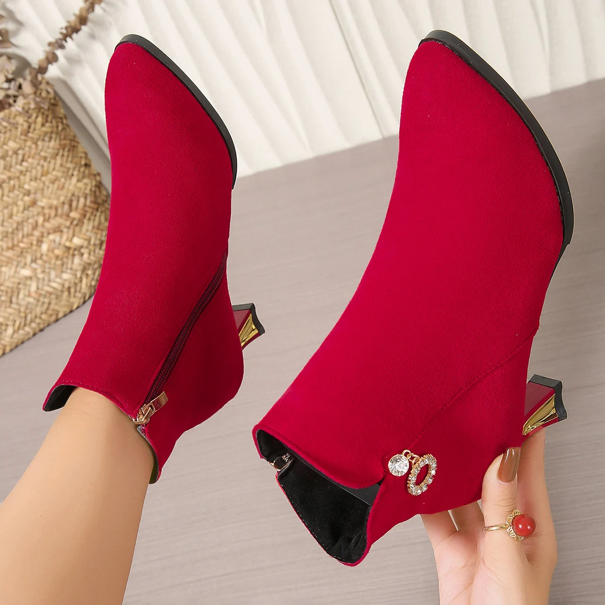 Schwarze Spitze Stiefeletten Herbst Winter Warme Stiefeletten mit Absatz für Damen Trend 2026 Bequeme und Elegante Kurze Damenschuhe – Detail 9