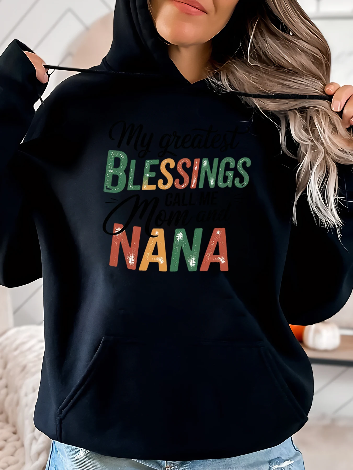 My Greatest Blessings Call Me Mom and Nana Print هوديي هدية عائلية لعيد الشكر للنساء ملابس غير رسمية باللون الأسود مقاس كبير #1