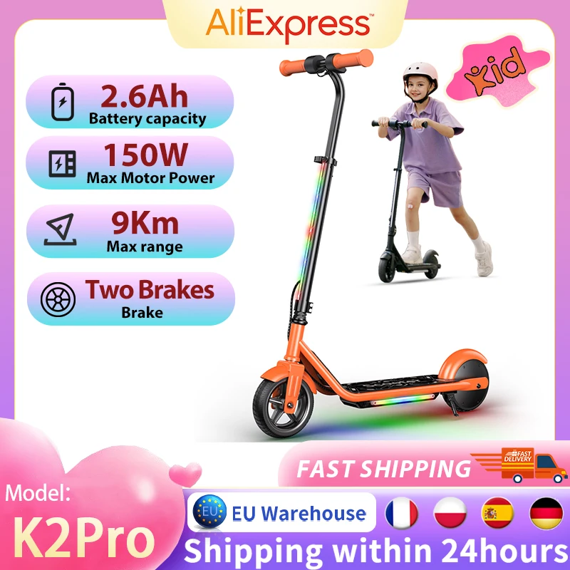 Trottinette électrique pour enfants K2Pro, moteur 150W, pneus de 6 pouces, batterie 18V, vitesse maximale 16km, portée 6-9km, Orange, noir, 3 vitesses avec LED