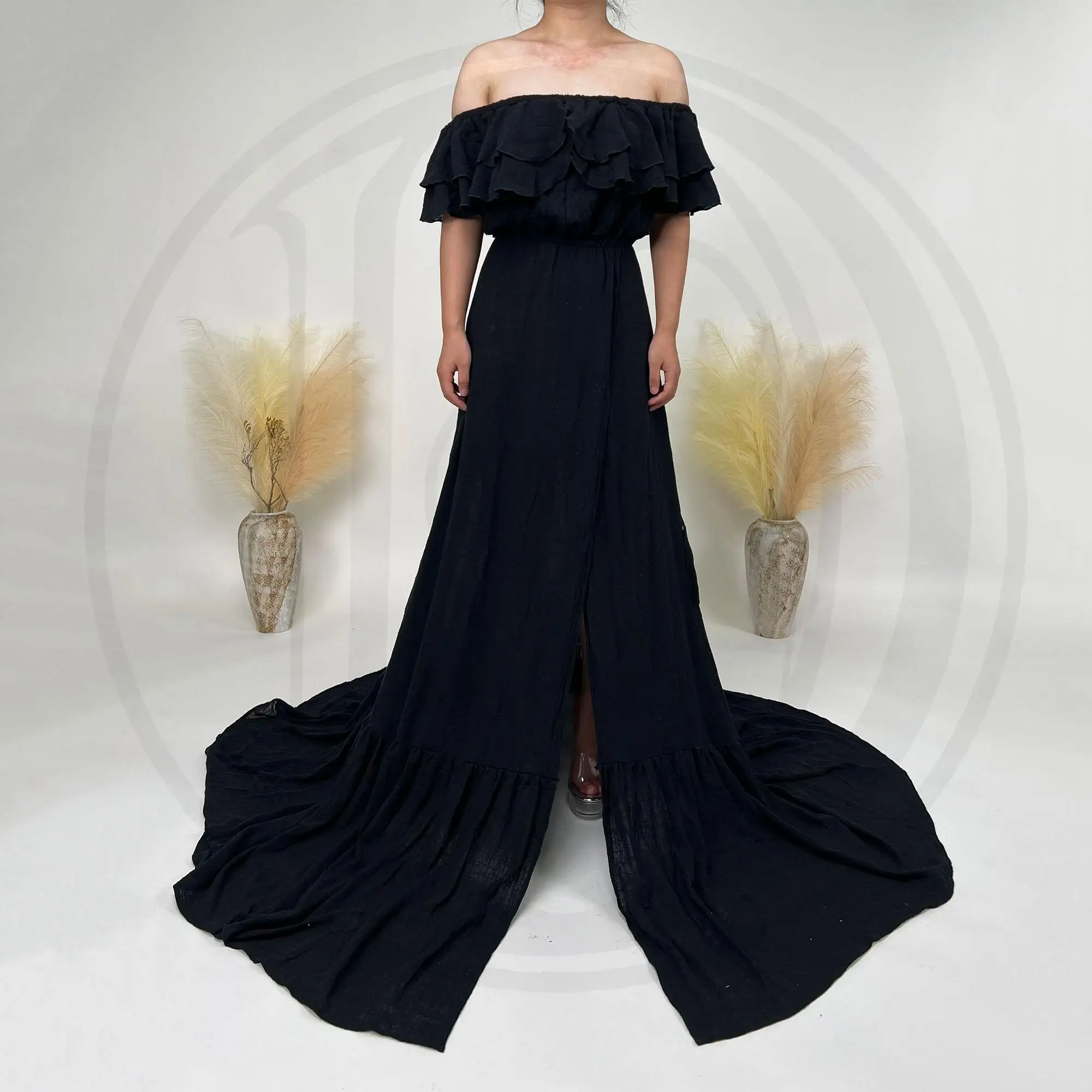 

Don&Judy Dress For Evening Party Sexy Front Slit Off Shoulder Dress Cotton Linen Elegant Lady Photography Gown