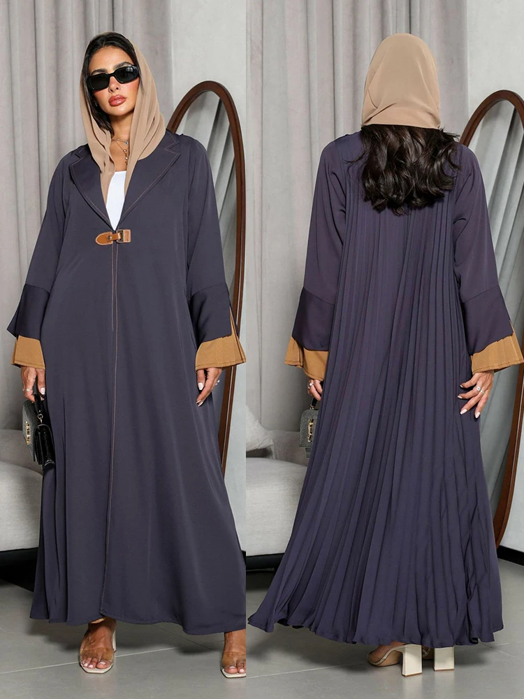 

Women Abaya Musllim Eid Cardigan Dress Pleated Sleeve Ramadan Party Vestidos Largos Lapel Caftan Robe Jalabiya Kaftan 2026 Dubai