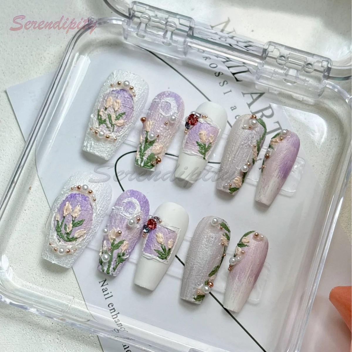 10Pcs Phototherapy French Purple Oil Painting Flower Finished Product With Rheinstones Art Nails Patch Detachable Wear Fake Nail