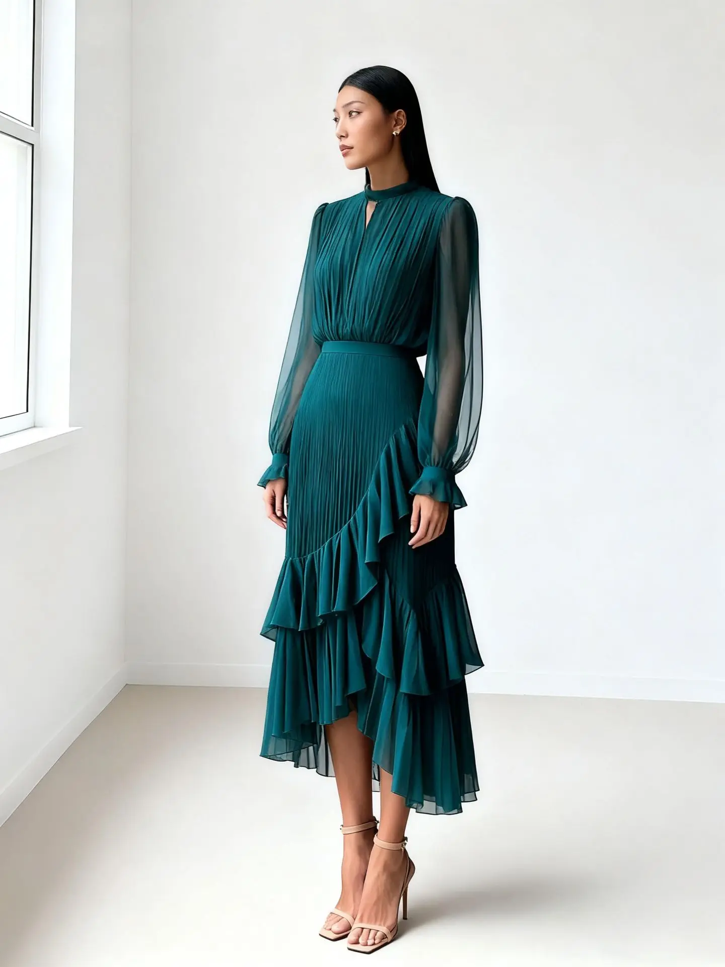 LGRQ 2026 Summer New Solid Color High Waist Dress With Ruffled Hem And Pleats Mid-Length Party Evening Gown