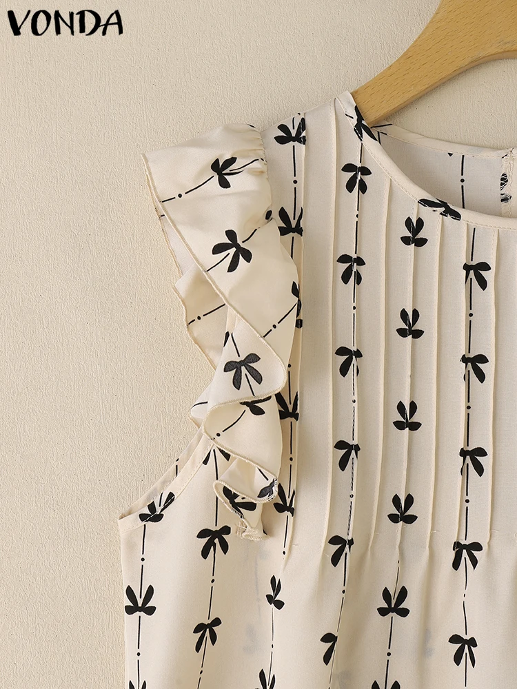 VONDA Women Blouses Fashion Ruffles Blusas Summer Bow Print Shirt Streetwear Party Tops Oversize Loose Tunic S-3XL