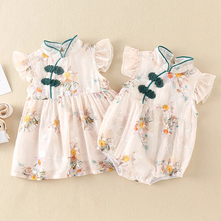 

Jenny&Dave 2023 Summer New Short Sleeve Baby Girl Nordic Sisters Princess Dress Mesh Bow Romper Set Girl