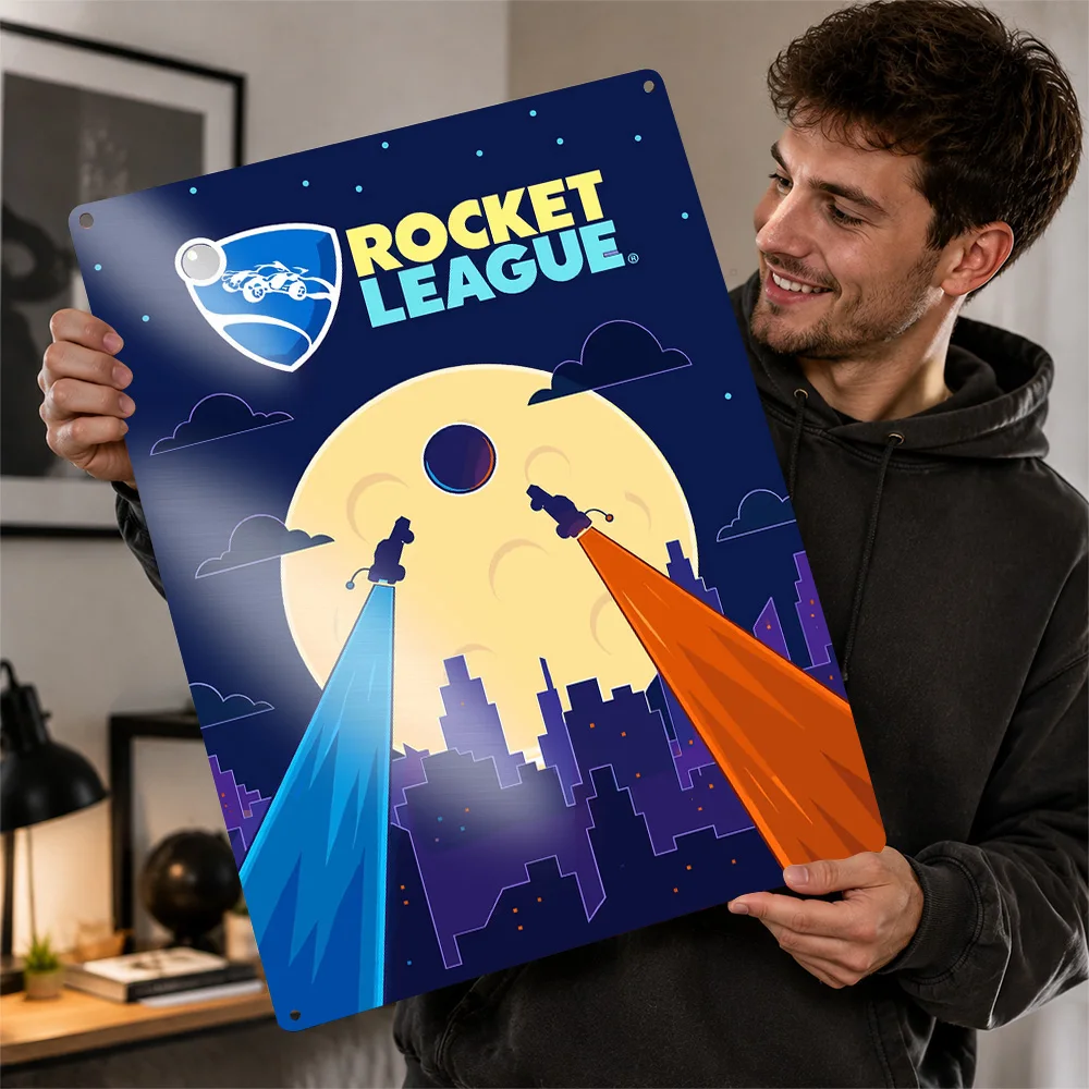 Rocket League Moonlit City Aluminum Poster Minimalist Wall Art For Home Office Customized Metal Sign Video Game Fan Gift Idea