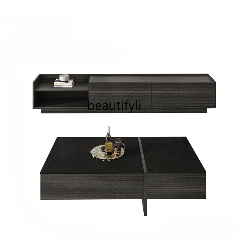 

S Light Luxury Stone Plate Coffee Table TV Cabinet Combination Italian Minimalist Modern Living Room Square Multi-Functional Hom