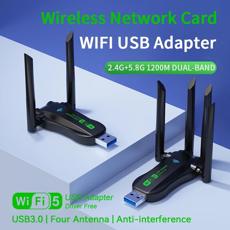 Dual Band 1200Mbps WiFi USB Adapter 2.4G/5.8Ghz Wi-Fi5 Dongle 4 Antenna USB3.0 Wireless Receiver For PC/Laptop No CD Driver Free