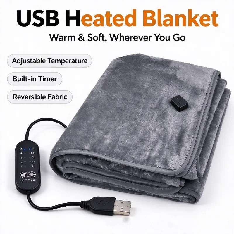 USB Electric Heated Blanket  5-Level Temperature Control Heating Throw with Timer Soft Warm Heating Pad for Travel Indoor Use