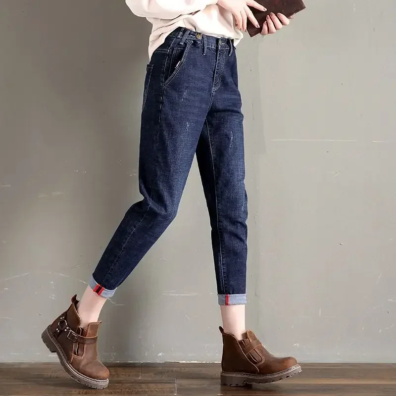 Pants for Woman with Pockets Pipe Blue Trousers Cropped and Capris Wholesale Harajuku Fashion Grunge Women's Jeans Y2k R 2024 Z