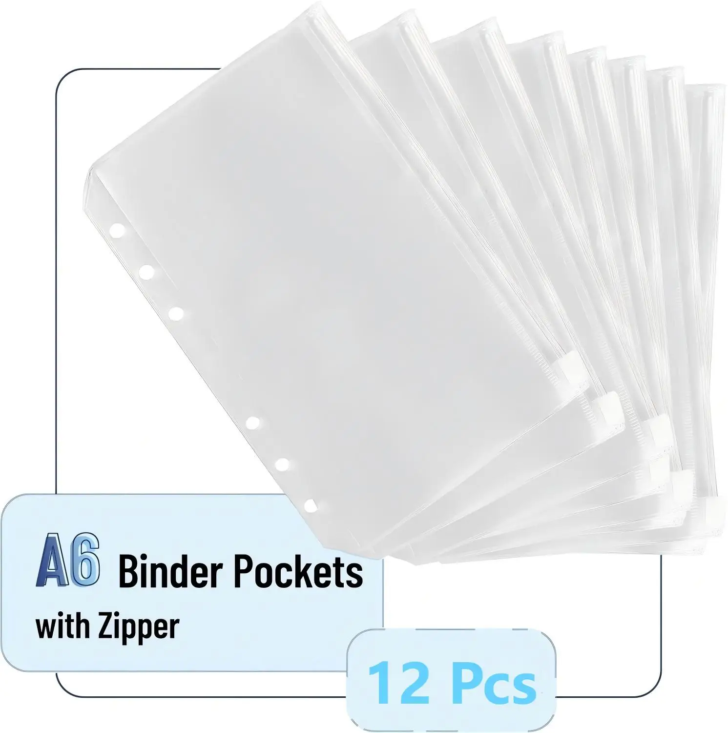 12pcs A5/A6 Size Binder Pockets 6 Holes Budget Cash Envelopes for Budget, Clear Zipper Waterproof PVC Document Pouch Filing Bags