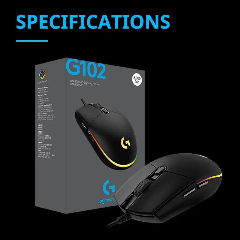 로지텍 G102 정품 인체공학 마우스, 광학 8000DPI, 16.8M 컬러 LED, 맞춤형 6 버튼, 유선 PC 게임 액세서리
