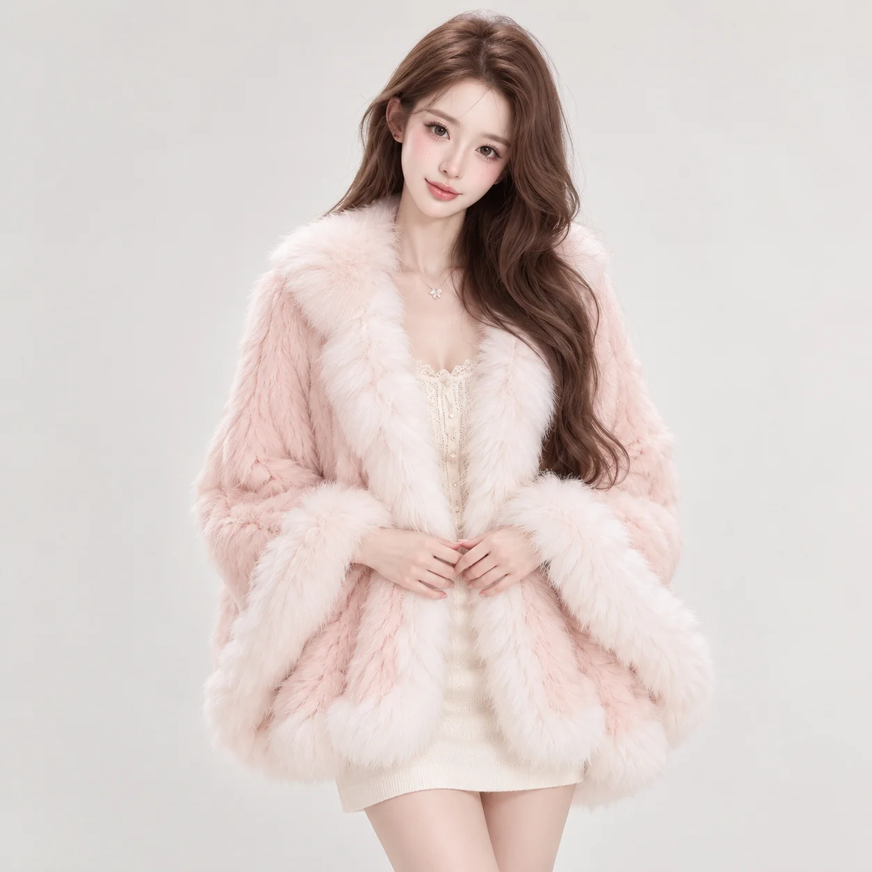 Women's Rabbit Fur Coat, Light Pink Fluffy Jacket with Oversized Collar, Long Sleeve Elegant Winter Luxury Outerwear