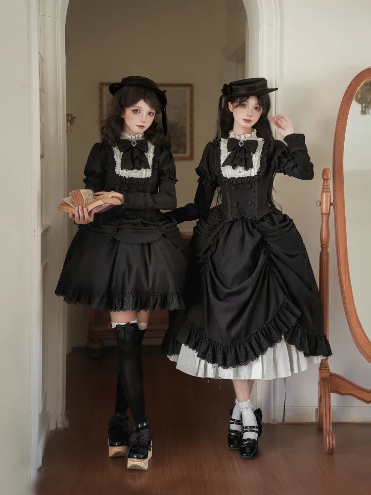Oryginalny czarny gotycki strój na Halloween, rozdzielna sukienka, francuski elegancki styl dworski, retro koszula z długim rękawem, zestaw długich spódnic, sukienka Lolita.