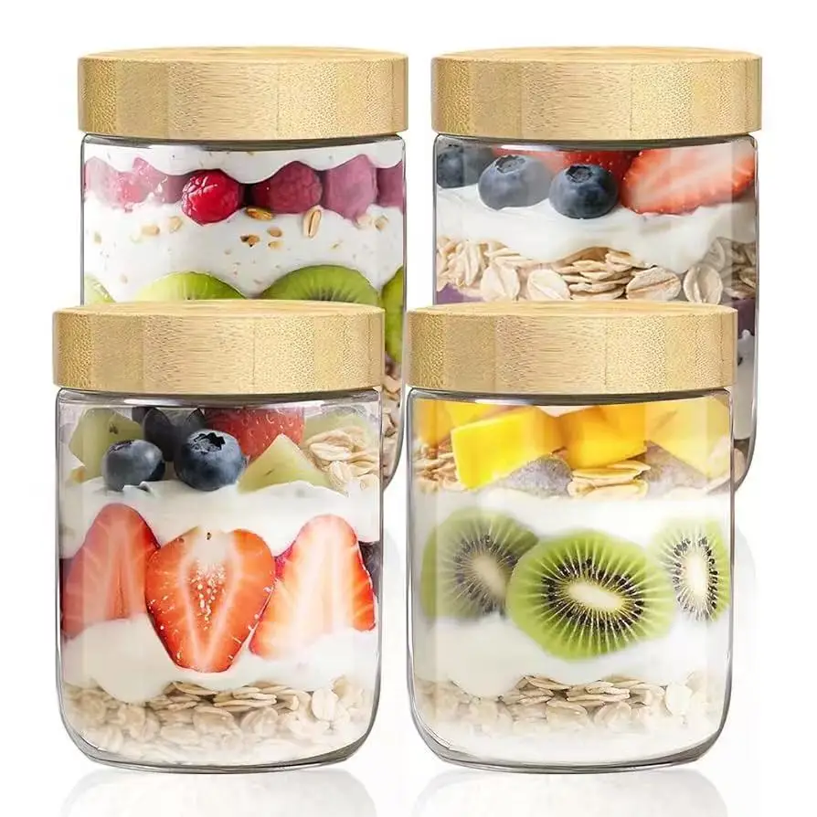 Frascos de vidrio con tapa hermética, contenedor de avena nocturna de 300/500/750ml con tapas de bambú, tarros de ensalada de almacenamiento de aperitivos de vidrio, yogur, azúcar