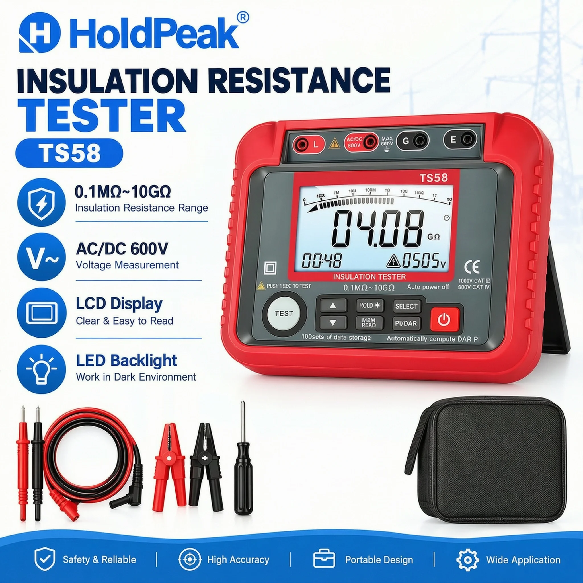 HoldPeak TS58 Digital Insulation Resistance Tester 1000V 0.1MΩ-20GΩ Megohmmeter AC/DC PI DAR Data Logger Backlight